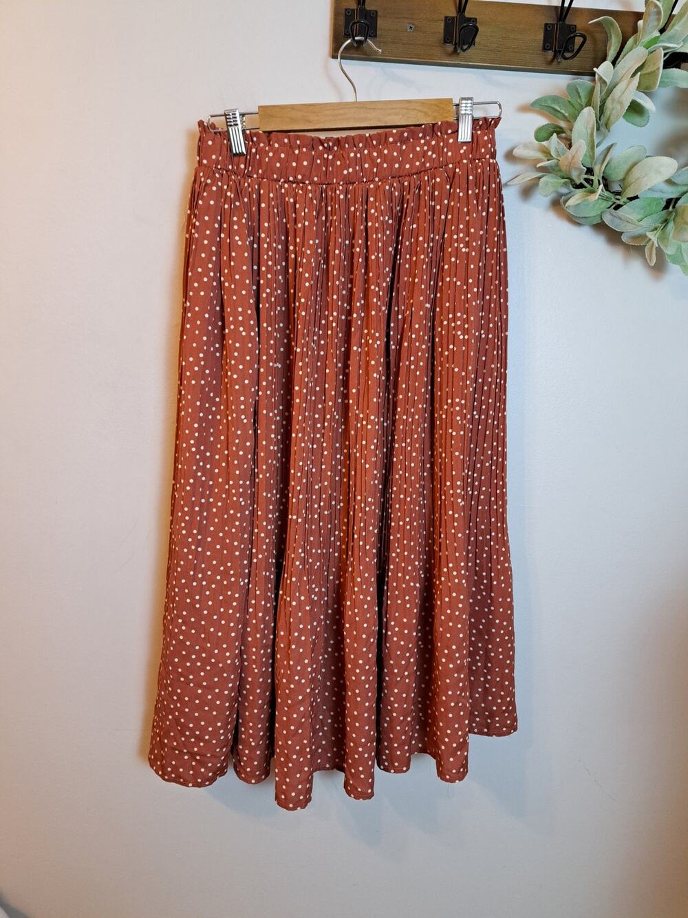 Women's Chiffon Polka-dot Maxi Pleated Sz L Elastic Waist